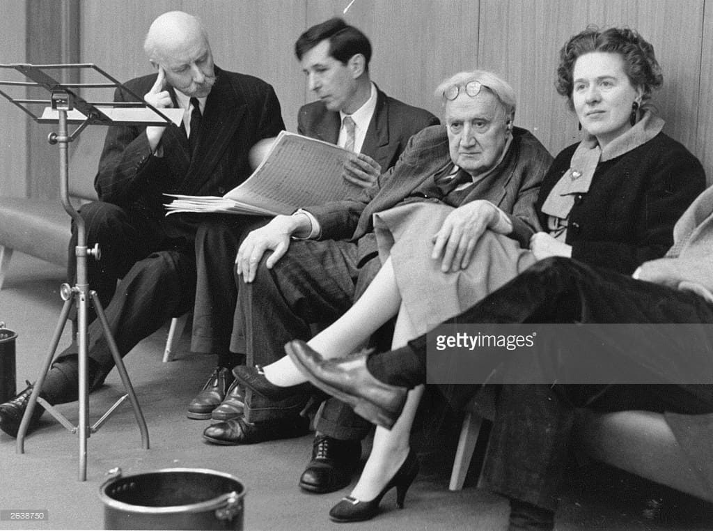 Sir Adrian Boult, Michael Tippett, Vaughan Williams and Ursula Vaughan Williams, at a rehearsal of Sir Michael Tippett's Second Symphony